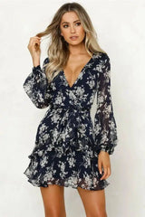 Autumn new fashion flower print long sleeve dress-White-9