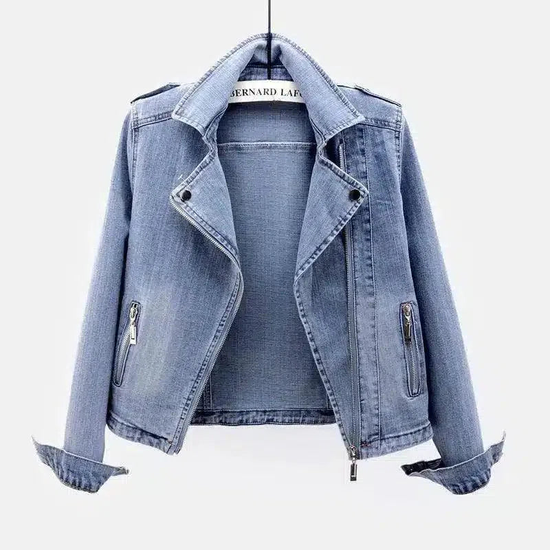 Women's Zippered Denim Jacket-Light Blue-1
