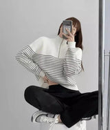 Striped Sleeve Turtleneck Sweater-White-1