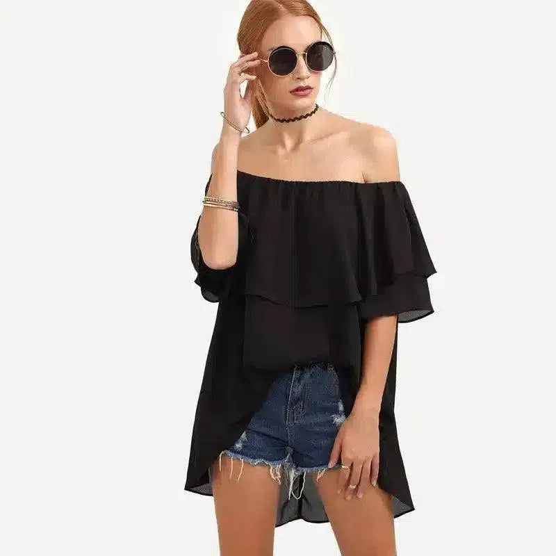 Women's Ruffle Off-Shoulder Tunic Top-black-2