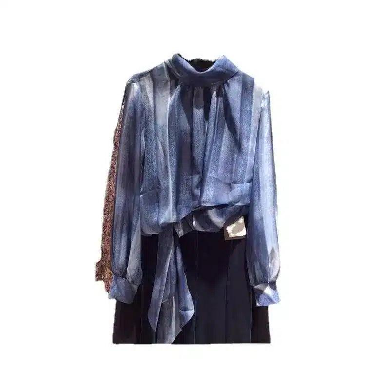 Women's Layered Sheer Blouse with High Neck-Royal blue-1