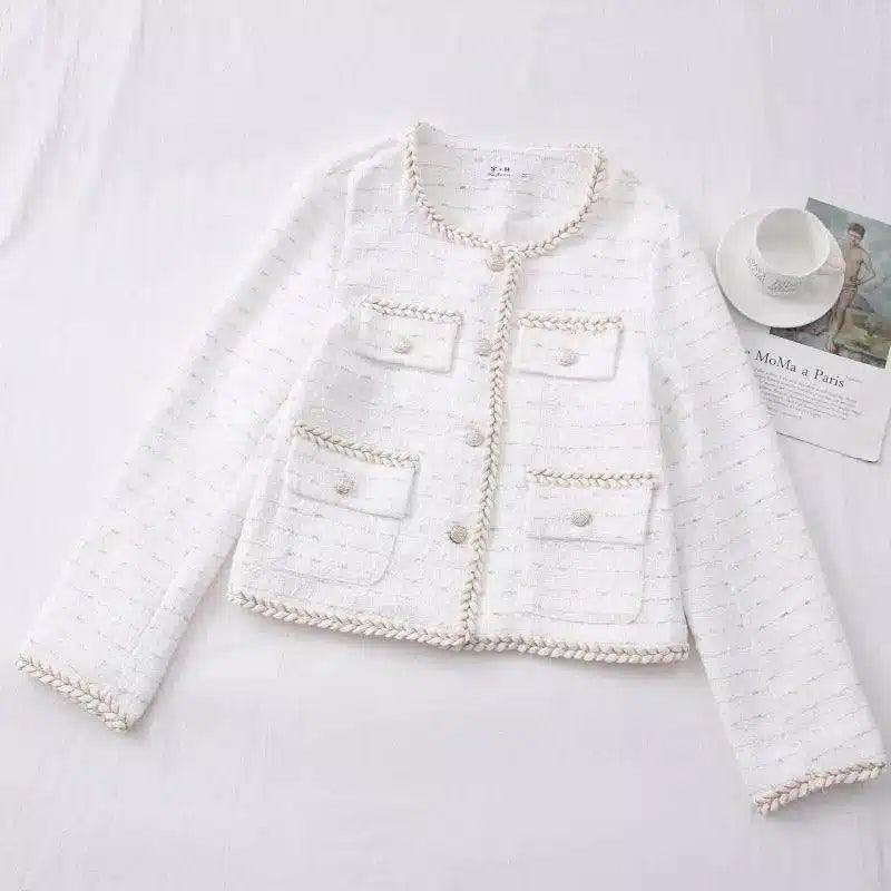 Womens Tweed Jacket with Pockets-White-2