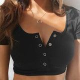 Buttoned Short Sleeve Crop Top for Women-Black-2