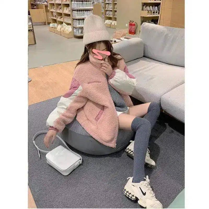 Cashmere Thickened Lambskin Coat Women's Loose Top-Pink-2