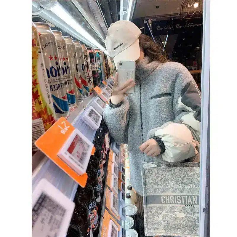 Cashmere Thickened Lambskin Coat Women's Loose Top-Grey-3