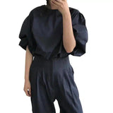 LOVEMI - Lovemi - Casual Lantern Sleeve Puff Sleeve Navy Blue Loose