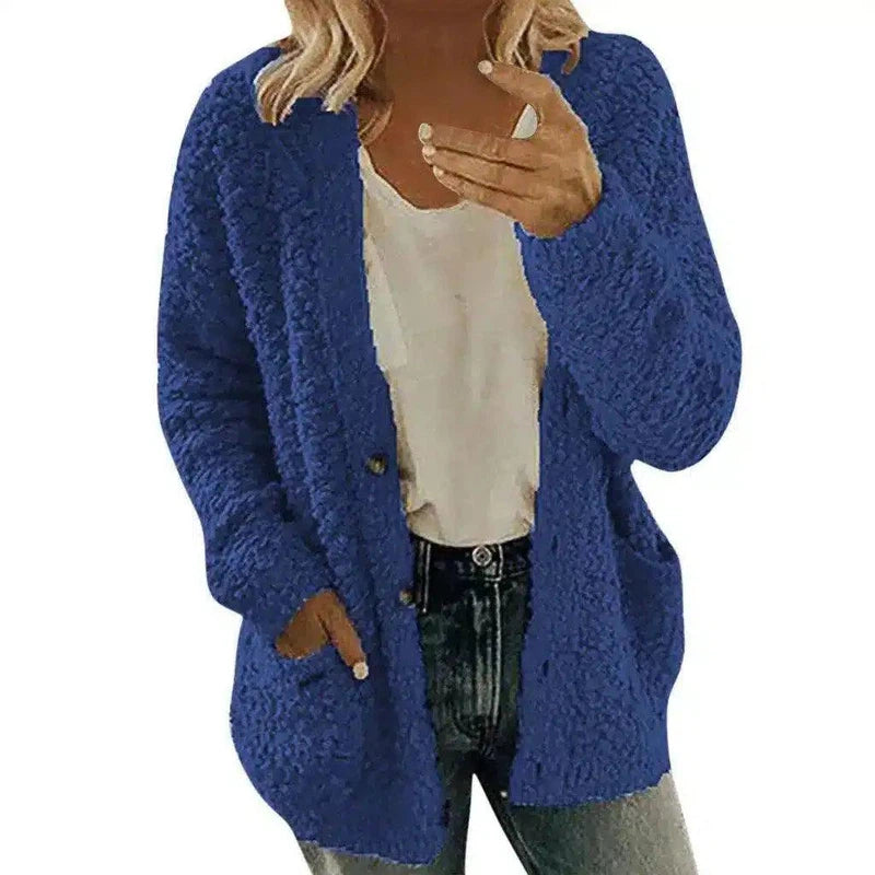 Women's Fuzzy Knit Cardigan with Pockets-Blue-5