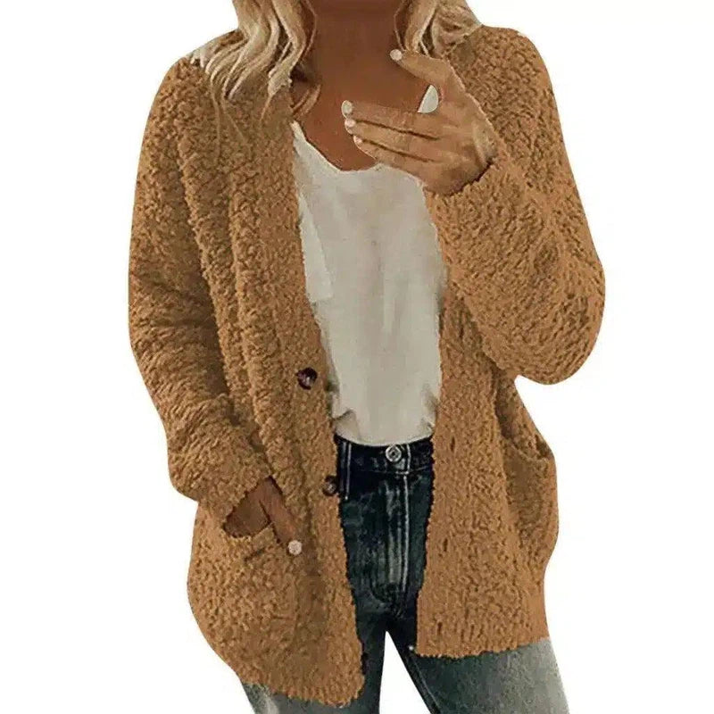 Women's Fuzzy Knit Cardigan with Pockets-Coffee-8