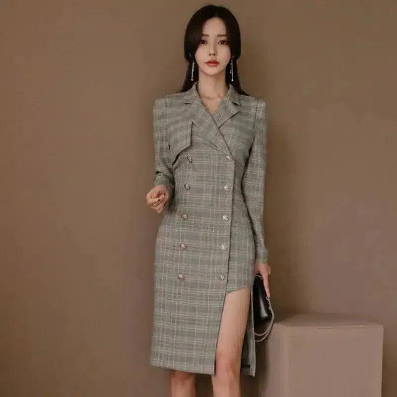 Double-Breasted Plaid Blazer Dress with Slit-Lattice-1