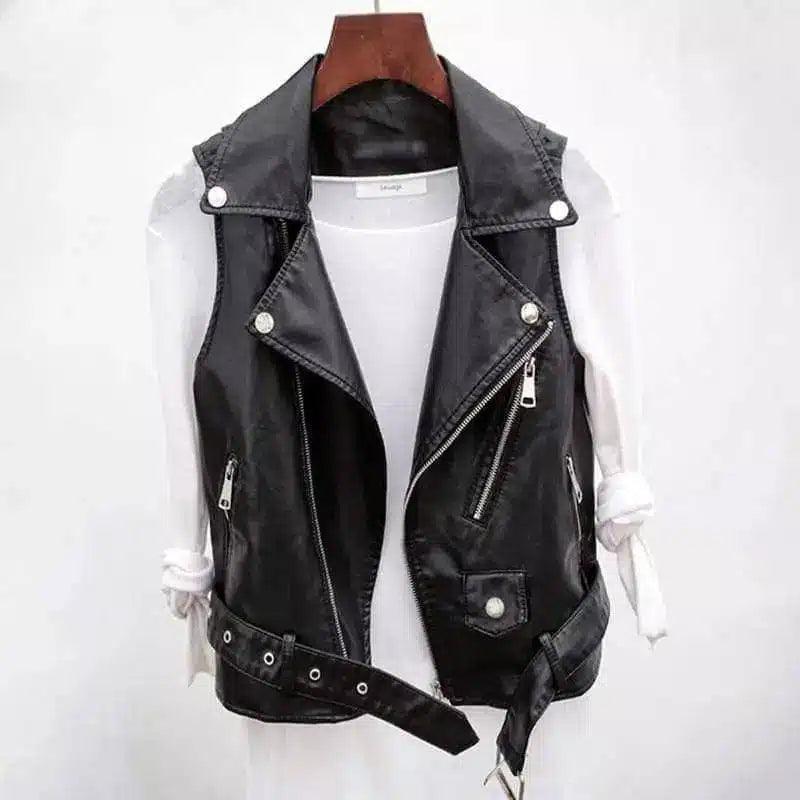 Zippered Leather Biker Vest for Women-Black-1