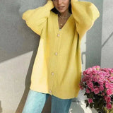 Women's Knit Cardigan Sweater with Buttons-Yellow-4