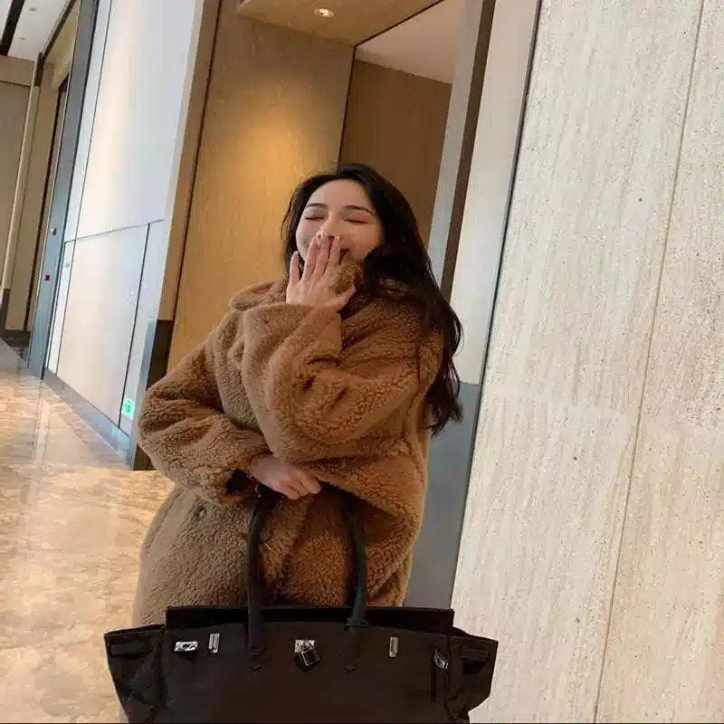 Coat Women's Wool Fur Profile Mid-Length Faux Fur-Camel-2