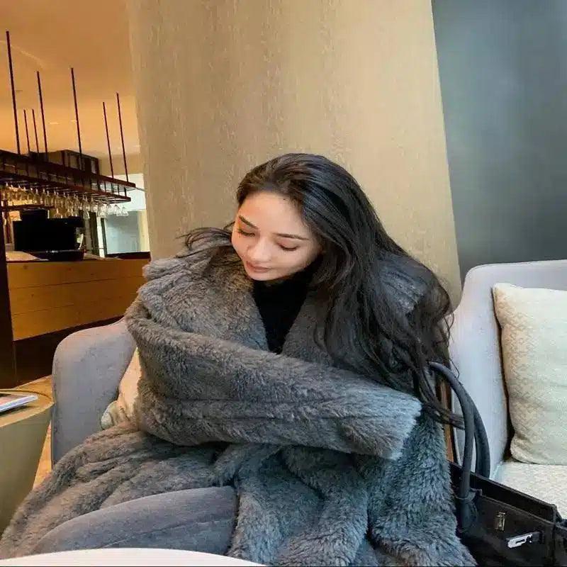 Coat Women's Wool Fur Profile Mid-Length Faux Fur-Dark Grey-4