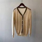 Men's V-Neck Buttoned Cardigan Sweater-Beige-2