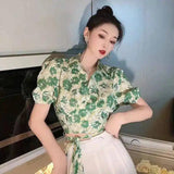 LOVEMI - Lovemi - Cross Tie Green Retro Flowers Short Puff Sleeve