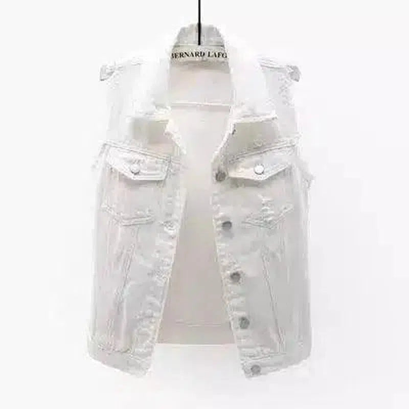Women's Sleeveless Distressed Denim Vest-White-1