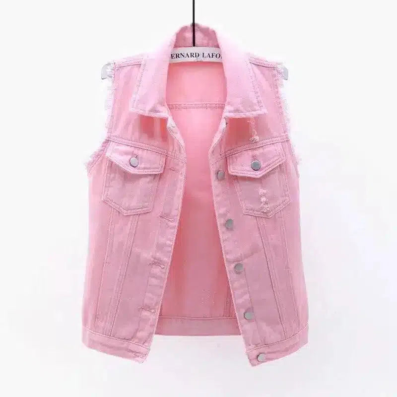 Women's Sleeveless Distressed Denim Vest-Pink-2