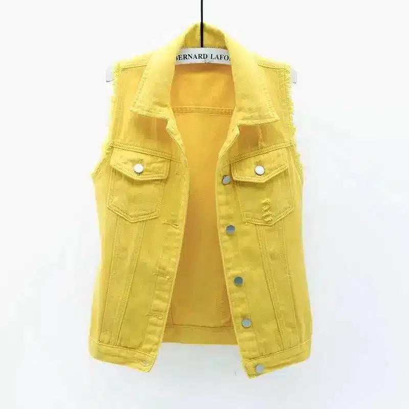 Women's Sleeveless Distressed Denim Vest-Yellow-3