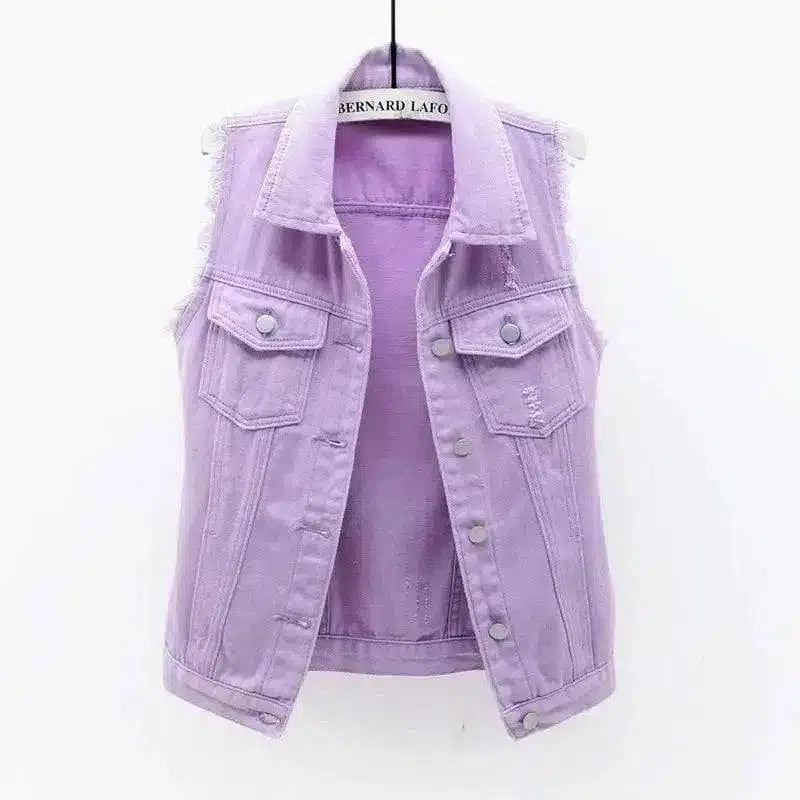 Women's Sleeveless Distressed Denim Vest-Purple-5