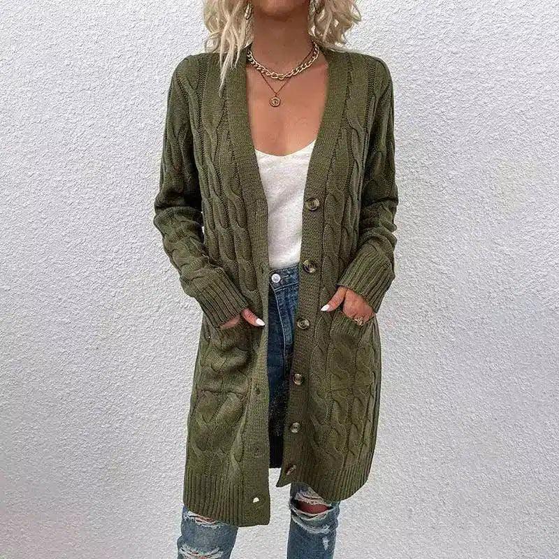 Women's Cable Knit Long Cardigan with Buttons-Army Green-8