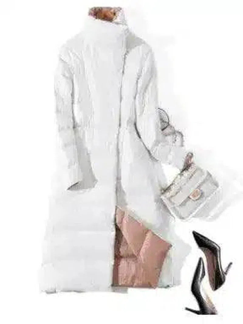 Winter Padded Long Coat with High Collar-White-3