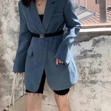 Womens Tailored Blazer with Belted Waist-Mermaid Blue-2