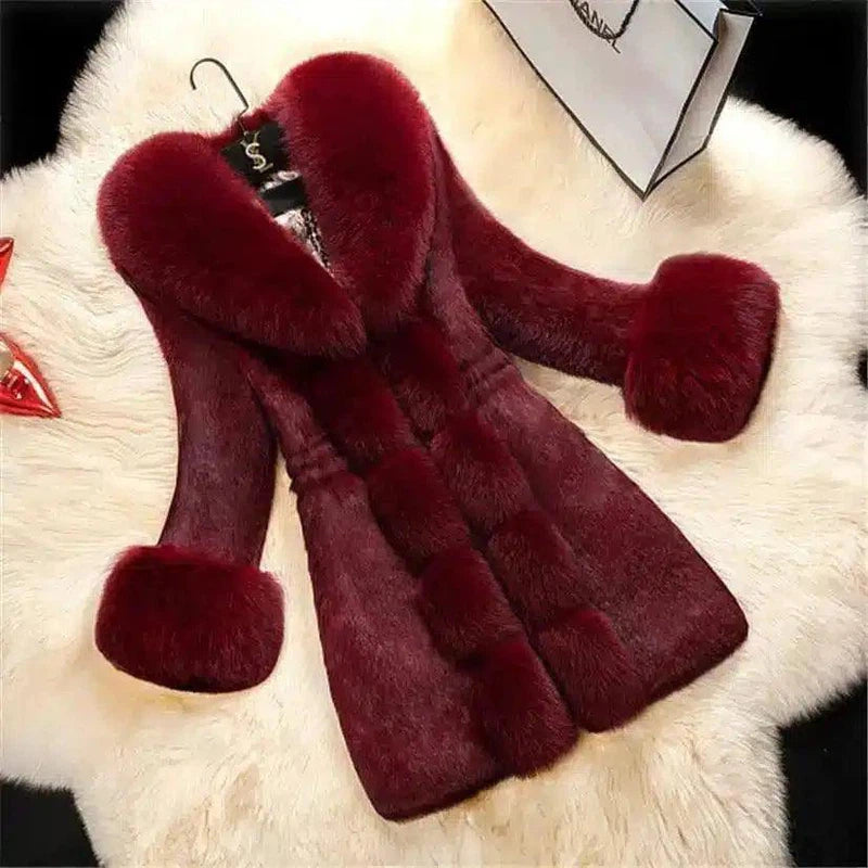 Elegant Imitation Fur Coat with Fox Collar-Claret-3