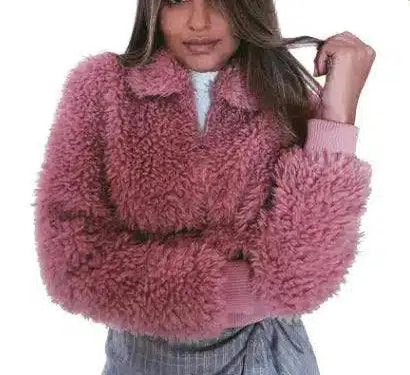 Fuzzy Zip-Up Warm Winter Jacket-Pink-1