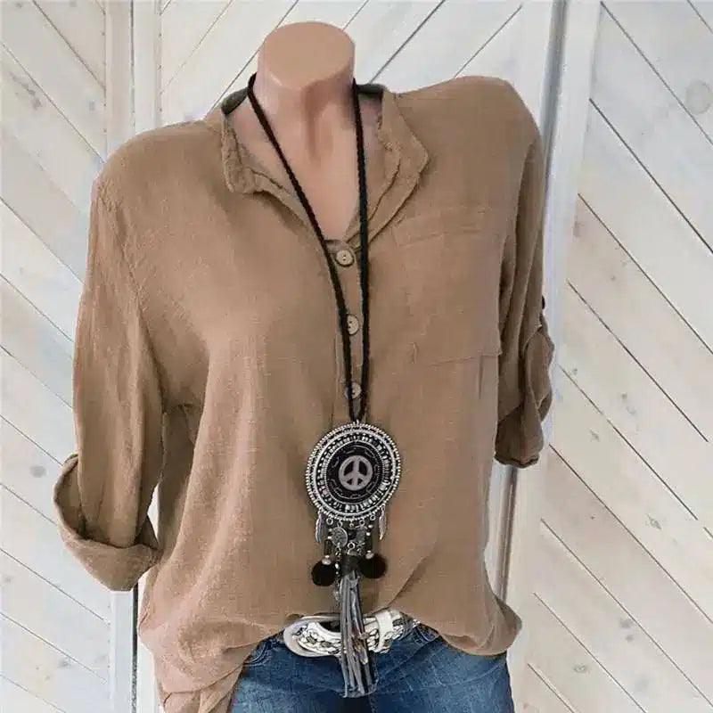 Women's Casual Button-Down Linen Shirt-Khaki-3