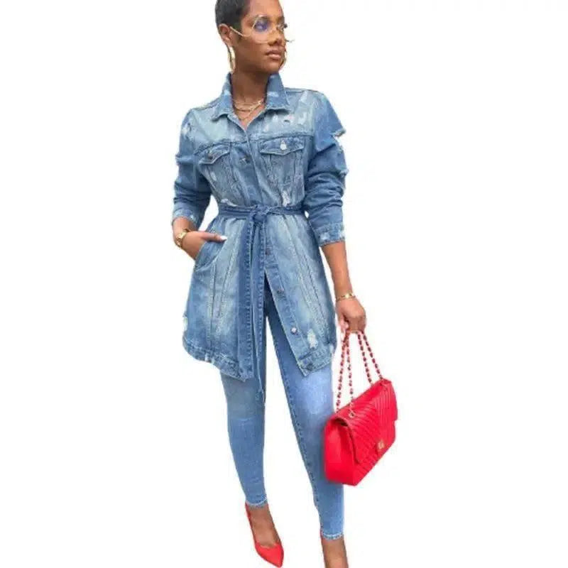 Fashion Casual Women's Slim-Fit Lapel Denim Jacket-Blue-1