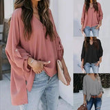 Fashion Solid Color V-Neck Long-Sleeved Casual Loose Shirt-1