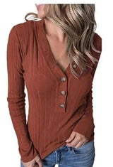 Women's V-Neck Buttoned Long Sleeve Top-Red-3