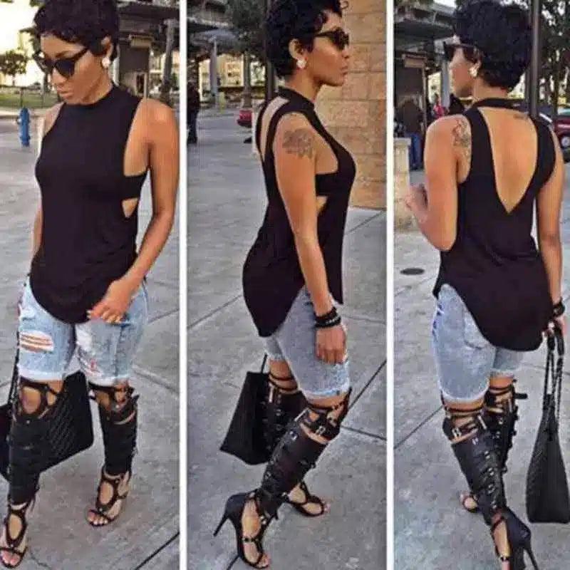 Sleeveless Top & Ripped Jeans with High Boots-Black-1