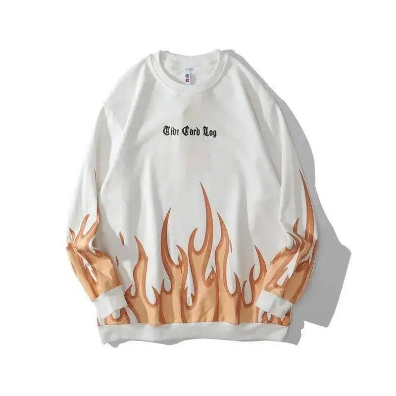 Flame Print Sports Sweatshirt Men's and Women's Round Neck-White-1