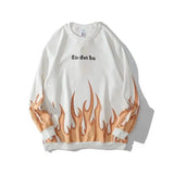 Flame Print Sports Sweatshirt Men's and Women's Round Neck-White-1