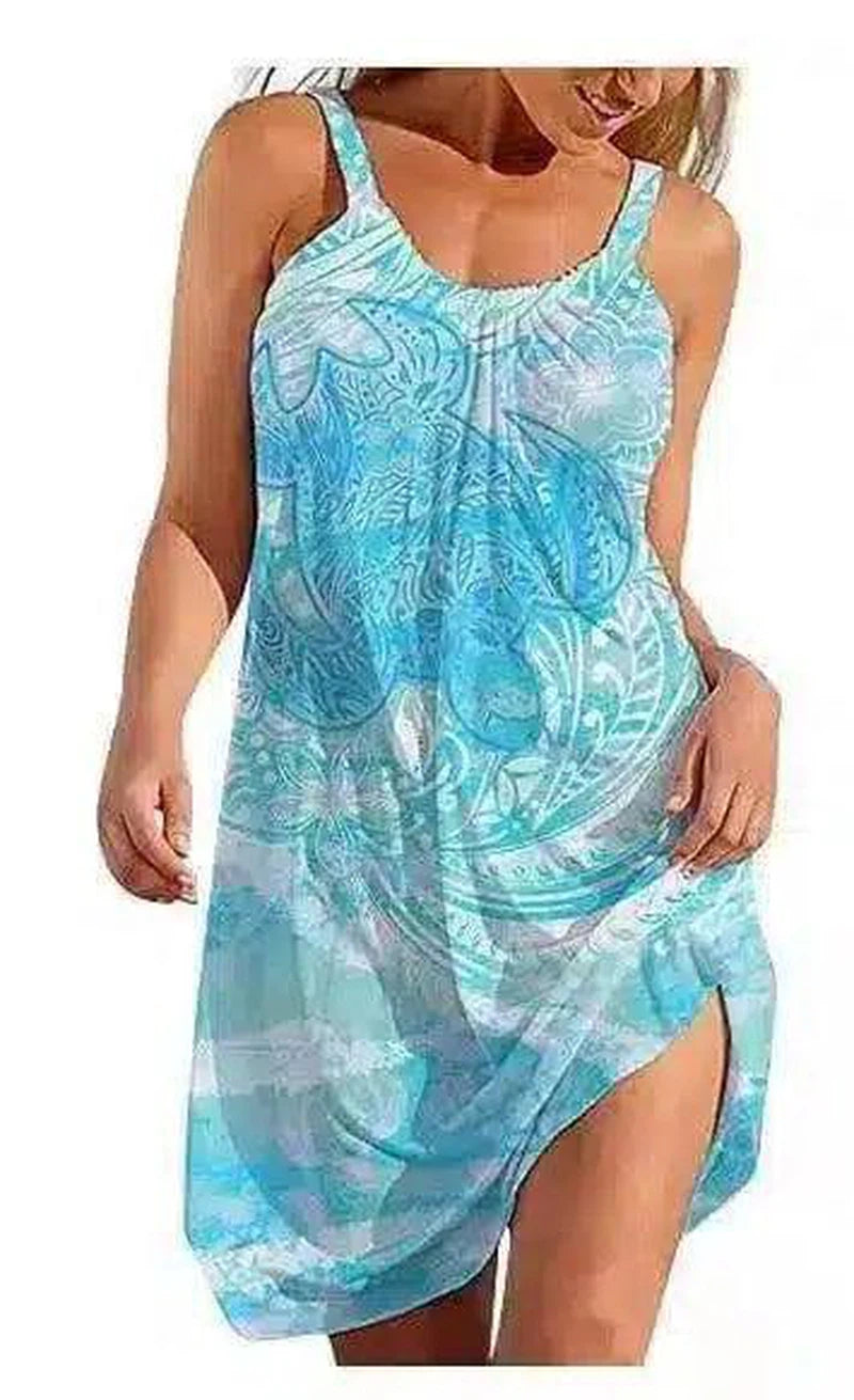 Sleeveless Printed Beach Cover-Up Dress-Sky Blue-1