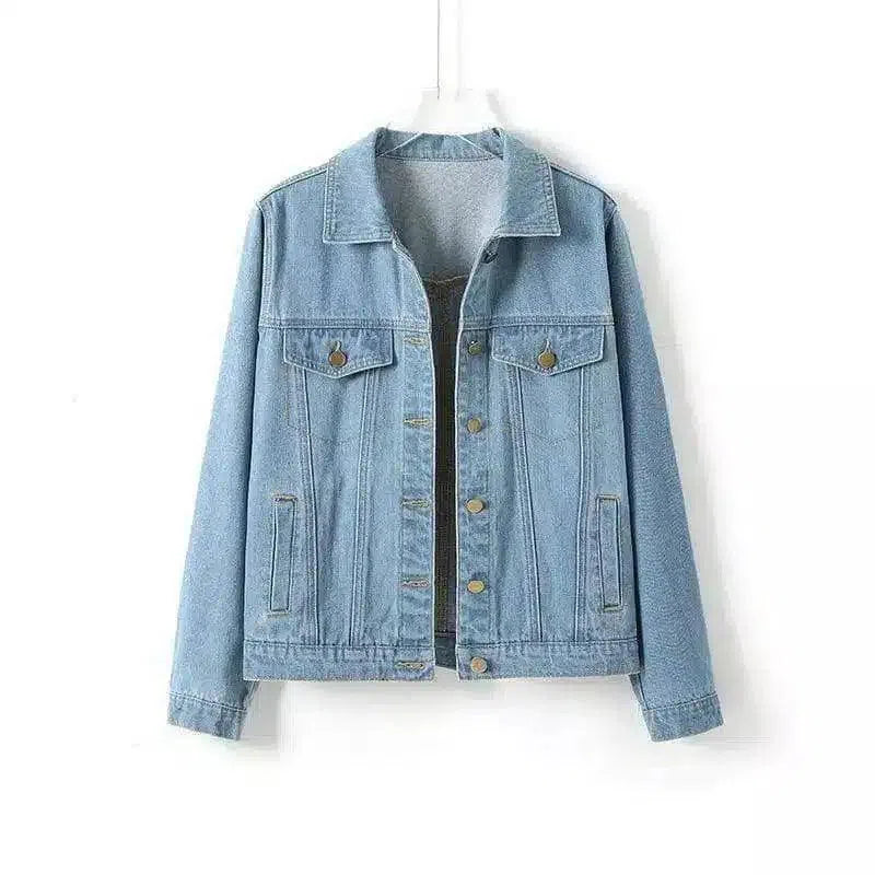 Classic Button-Up Denim Jacket with Pockets-Light Blue-1