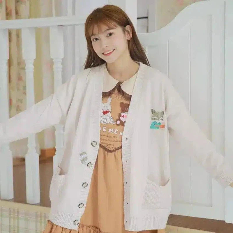 LOVEMI - Lovemi - Girly heart pocket fox embroidery knitted cardigan