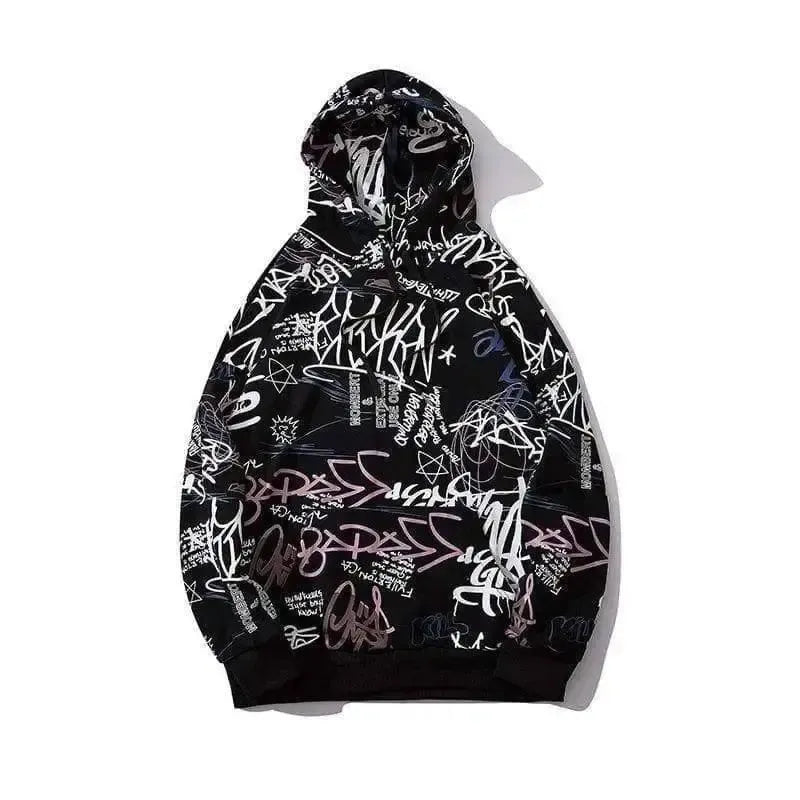 Graffiti alphabet print hoodie-Black-2