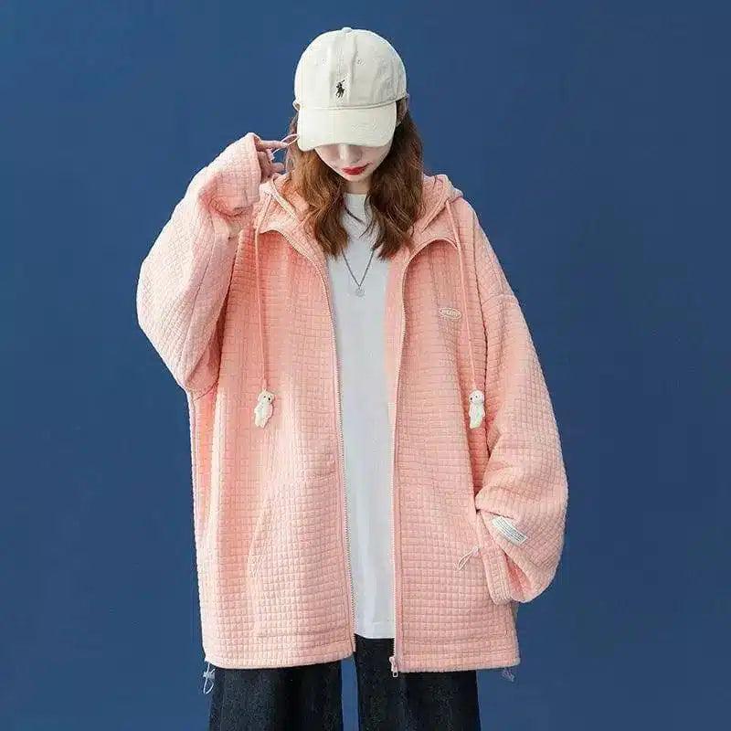 Warm Knit Hooded Jacket with Pockets-Pink-2