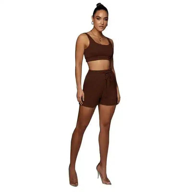 Women's Crop Top and Shorts Set-Brown-1