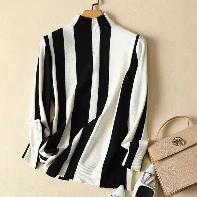 Striped Turtleneck Sweater Long Sleeve Comfort Fit-White-3