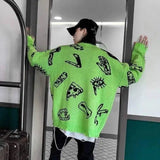 Hip-Hop Graffiti Ripped Hair Stylist Trendy Sweater-Fluorescent green-2