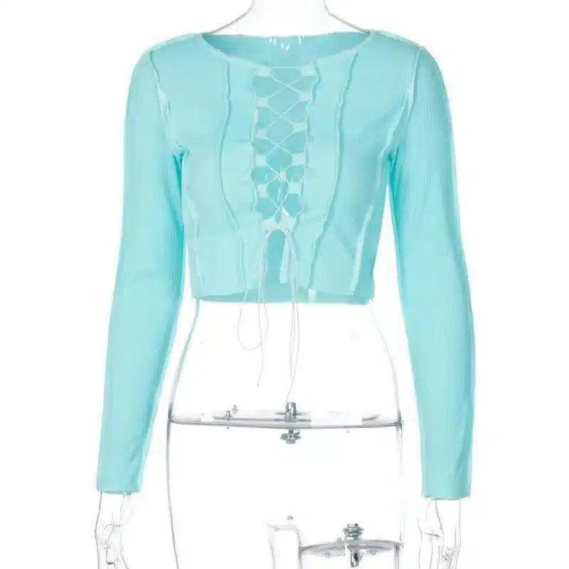 Lace-Up Long Sleeve Cropped Top-Sky Blue-6