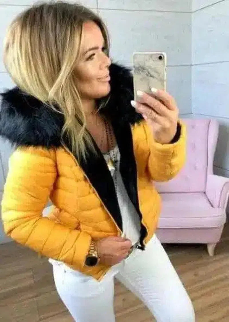 Winter Jacket with Fur-Trimmed Hood-Yellow-4