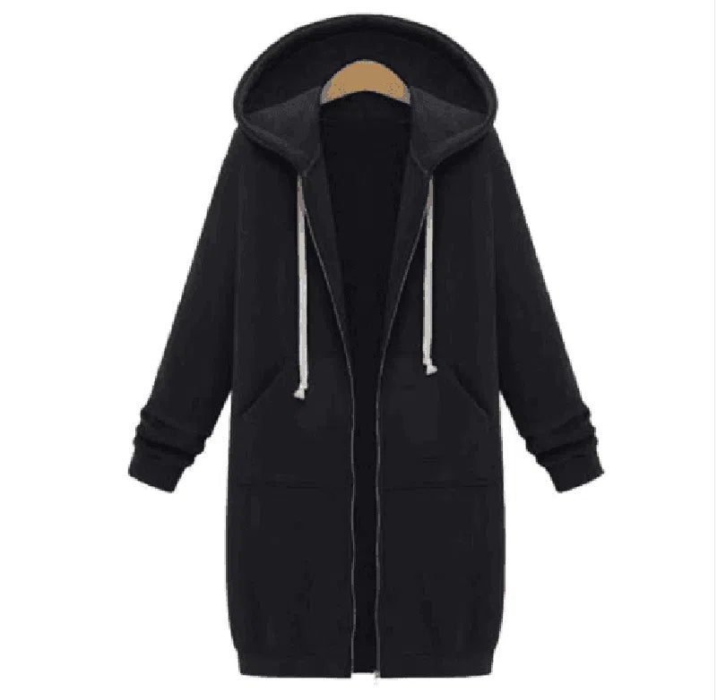 Hooded long-sleeved winter sweater women's jacket in a long-Black-13