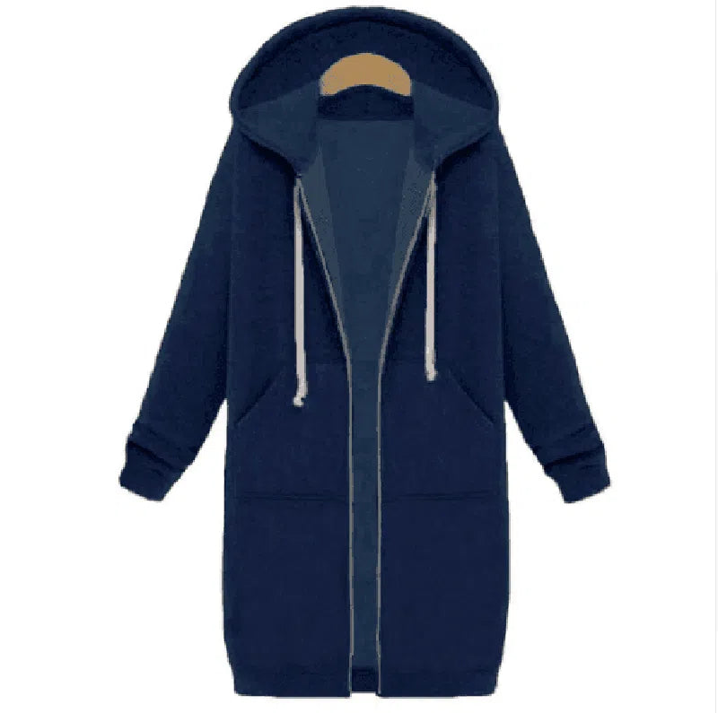 Hooded long-sleeved winter sweater women's jacket in a long-Blue-2