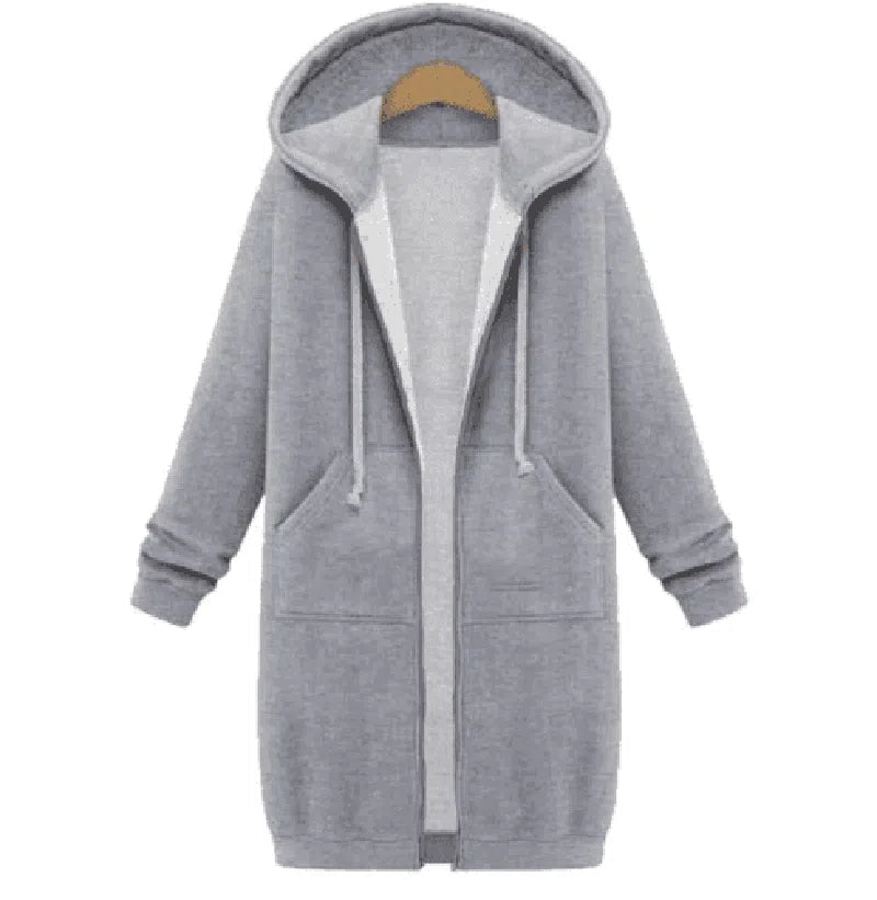 Hooded long-sleeved winter sweater women's jacket in a long-Gray-5