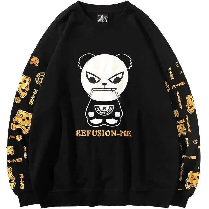 Hot Stamped Round Neck Panda Print Sweatshirt-Black-1