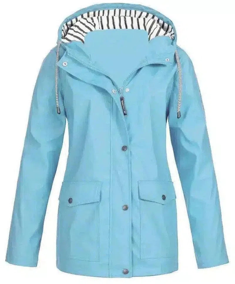Hooded Casual Women's Jacket with Pockets-Water Blue-3